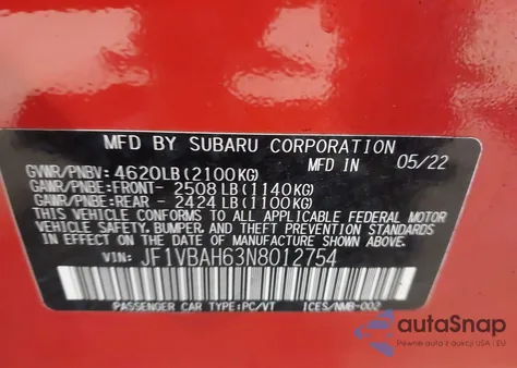 2022 Subaru Wrx Premium from USA, damaged, VIN JF1VBAH63N8012754